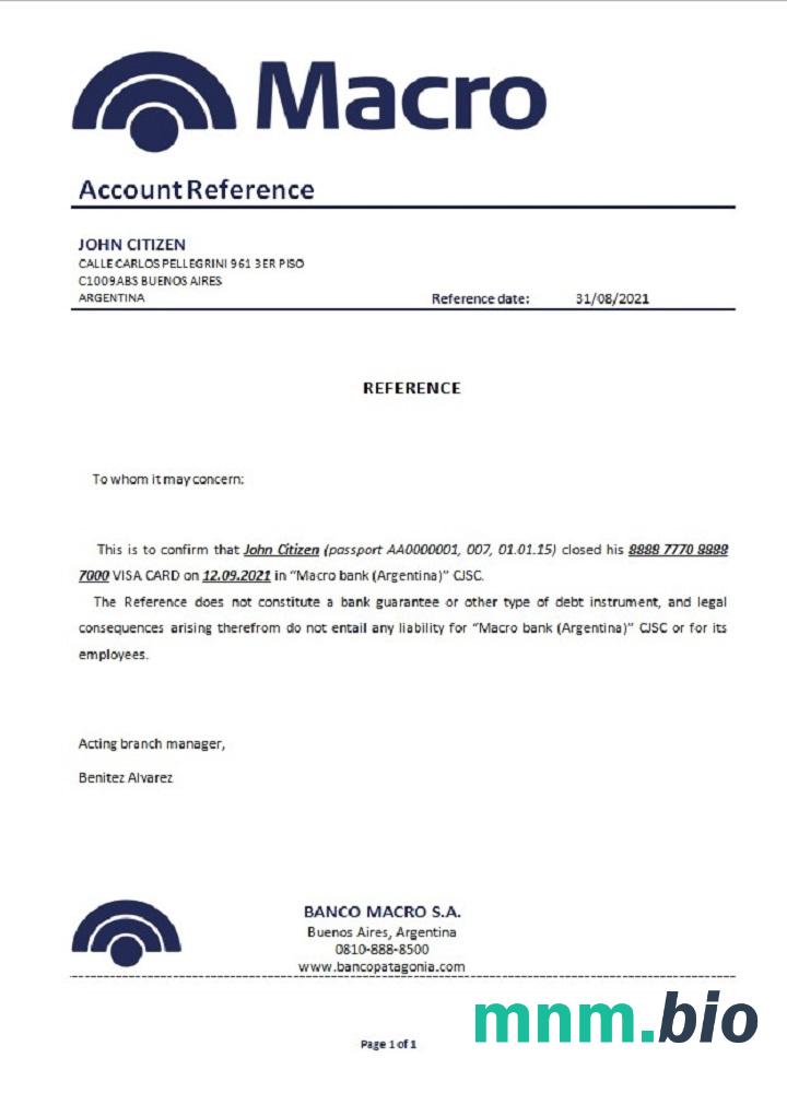 Argentyna Banco makro zamknięcie przykład odniesienia w formatach Word i PDF